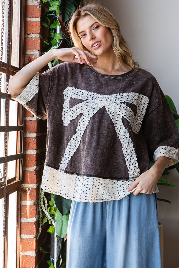 WASHED RIBBON PATCHWORK SHORT SLEEVE OVERSIZED TOP