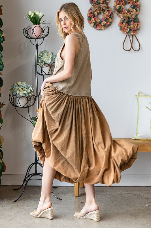WASHED SLEEVELESS BUBBLE HEM MAXI TANK DRESS