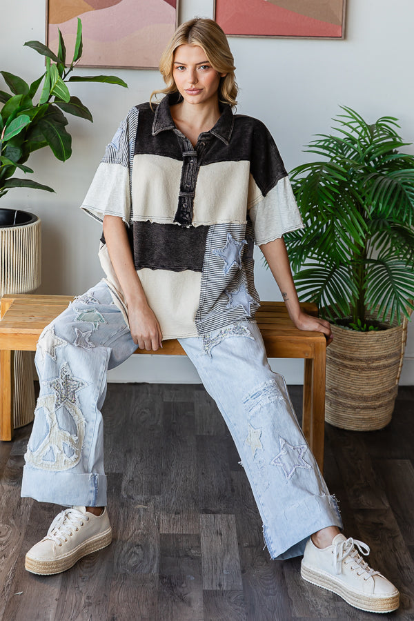WASHED STAR PATCHWORK HALF COLLARED SHIRT