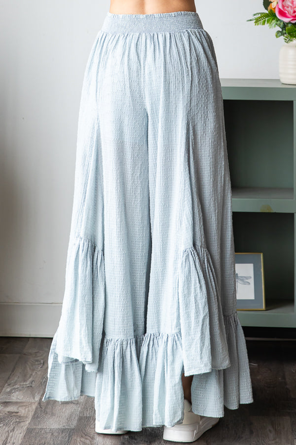 WASHED WIDE LEG RUFFLED HEM PANTS