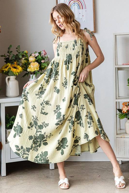 PRINTED TIE STRAPS SMOCKED FRONT MAXI DRESS