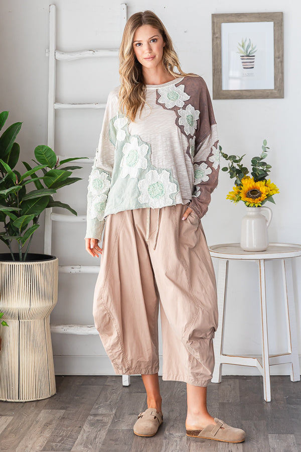 WASHED EYELET PATCHWORK LONG SLEEVE KNIT TOP