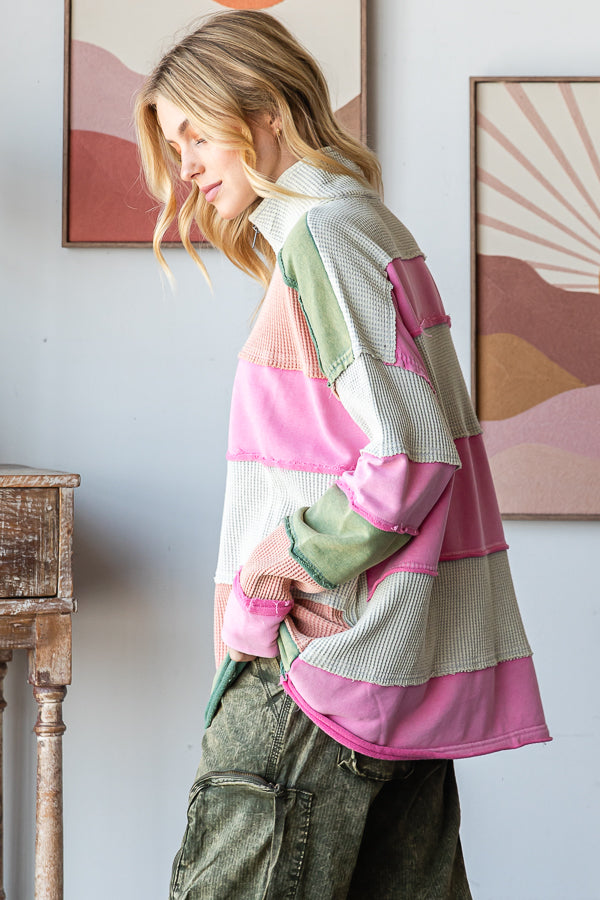 WASHED COLORBLOCK HALF ZIP PULLOVER TOP