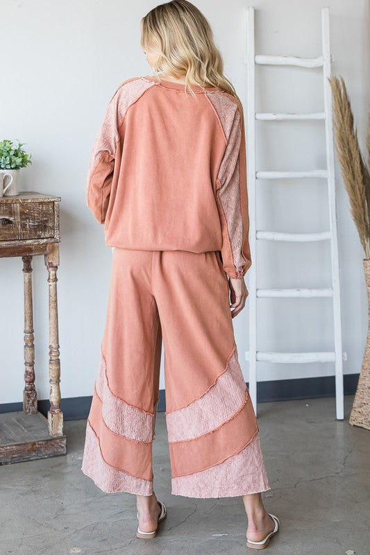 WASHED CONTRAST DETAIL SLEEVE PULLOVER TOP