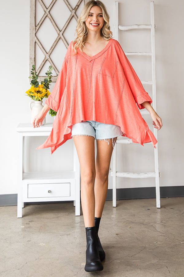 OVERSIZED V NECK SHARKBITE HEM SOFT KNIT TOP