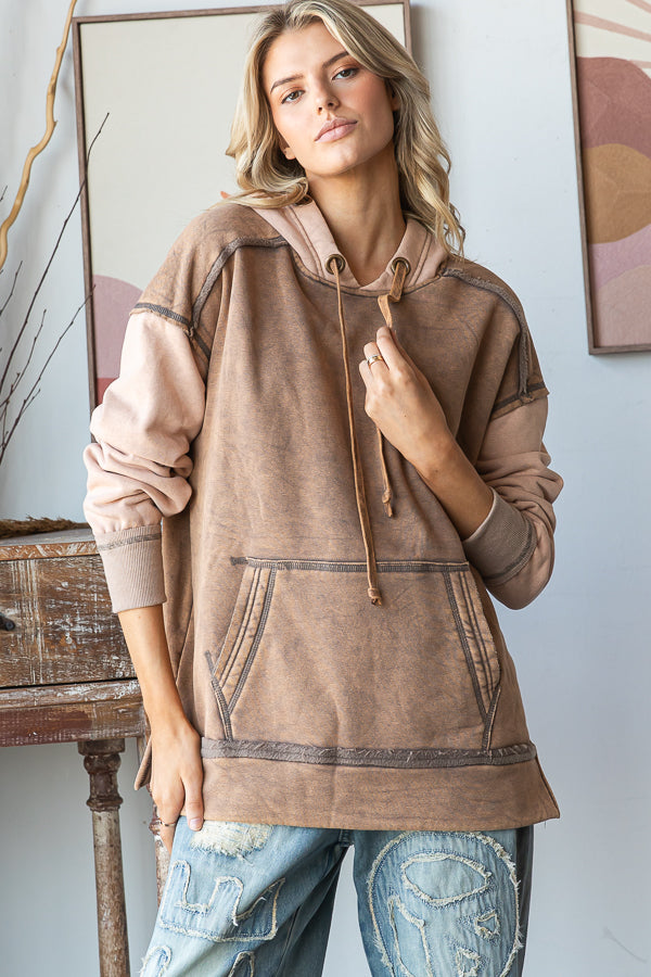 WASHED DRAWSTRING HOODED PULLOVER TOP