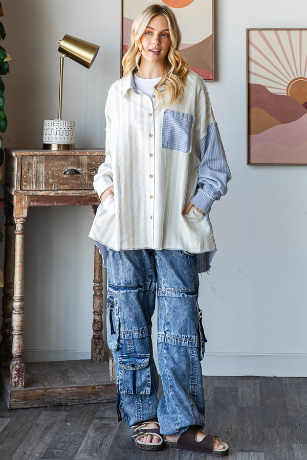 WASHED MULTI STRIPED LONG SLEEVE SHIRT