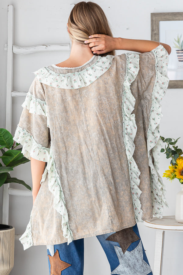 WASHED V NECK RUFFLE DETAIL MIX MEDIA BUTTON TOP