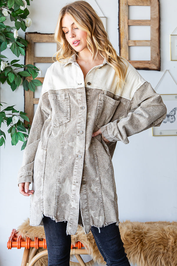 WASHED COLORBLOCK STAR PRINT DETAIL SHACKET