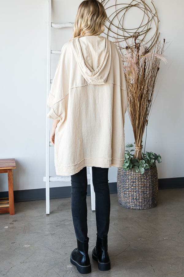 WASHED HOODED BUTTON DETAIL PULLOVER PONCHO