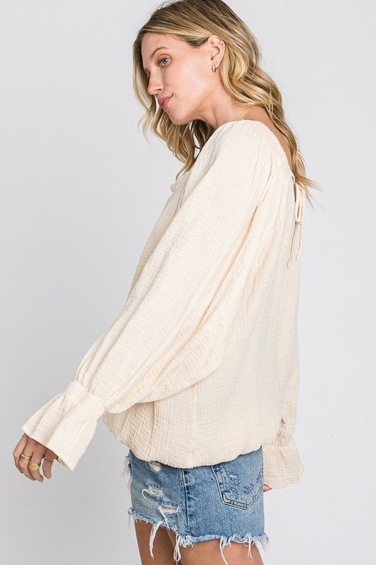 WASHED FLARE CUFFS OPEN BACK DETAIL GAUZE BLOUSE