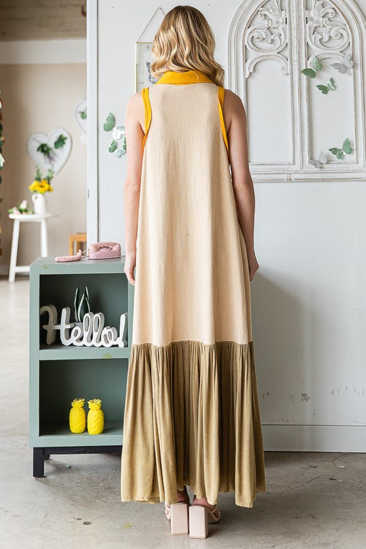 MIX MEDIA COLLAR V NECK SLEEVELESS MAXI DRESS