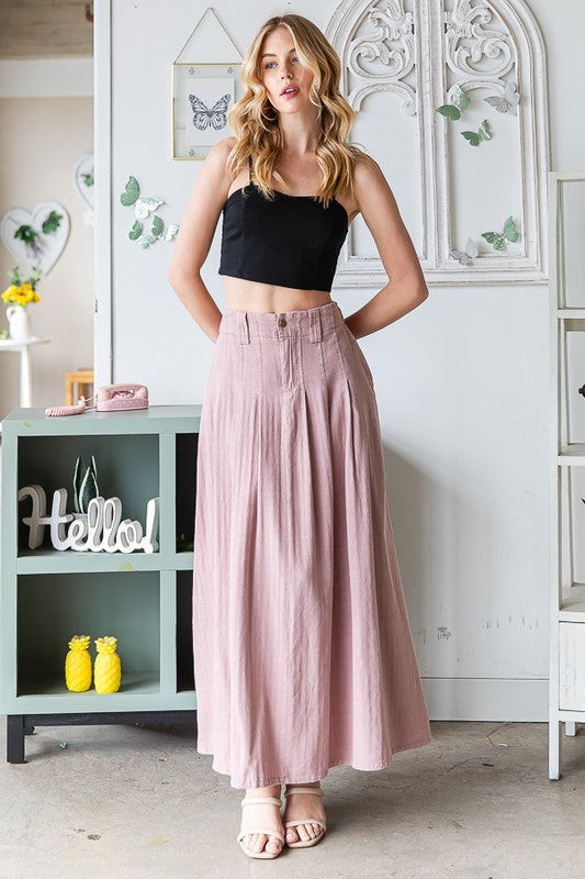 WASHED PLEATED DETAIL FLARE HEM MAXI SKIRT