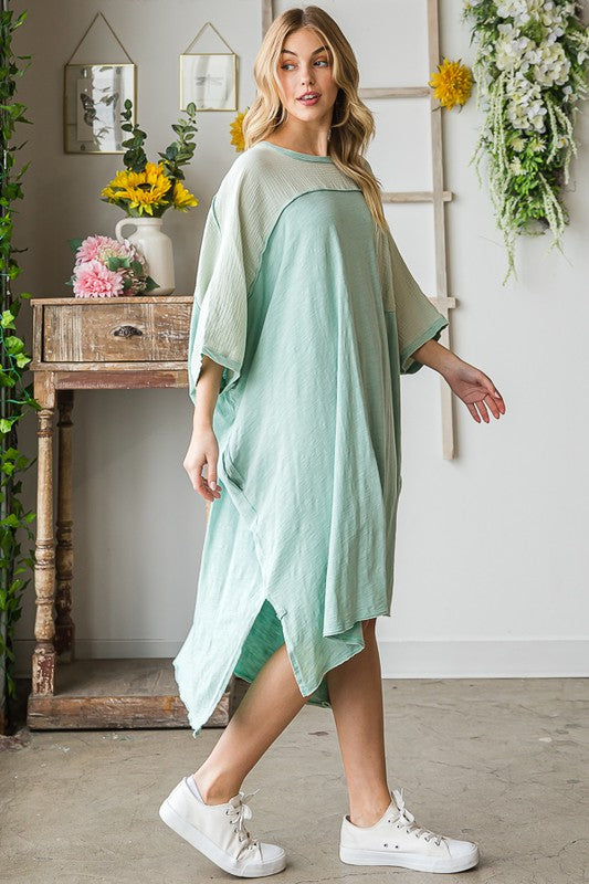 MINERAL WASHED CONTRAST YOKE OVERSIZED TUNIC DRESS