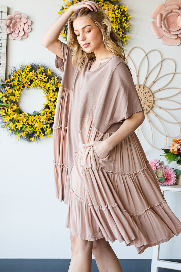 WASHED MIX MEDIA V NECK TIERED HEM FLARE DRESS