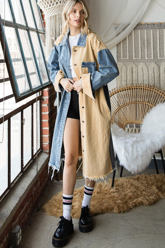 WASHED COLORBLOCK DETAIL DENIM LONG JACKET