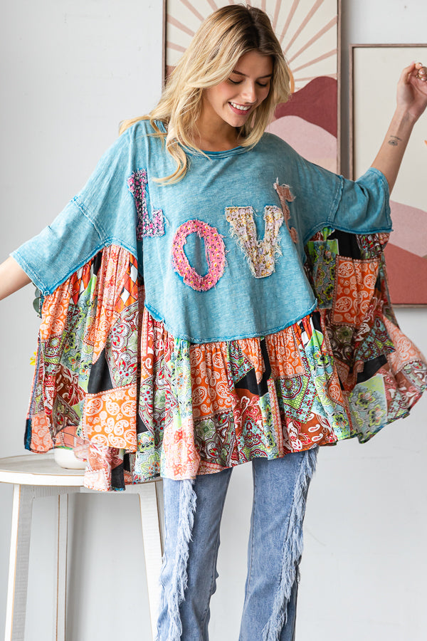 WASHED ROUND NECK LOVE PATCHWORK RUFFLE HEM TOP