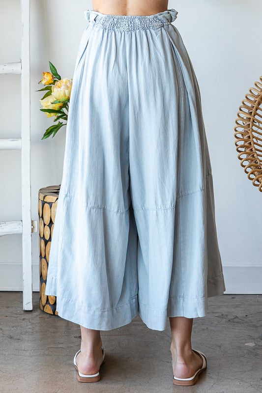 WASHED PLEATED TIE WAIST CROPPED WIDE LEG PANTS