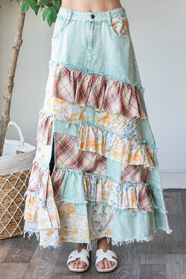 WASHED PLAID FLOWER PATCHWORK SLIT MAXI SKIRT