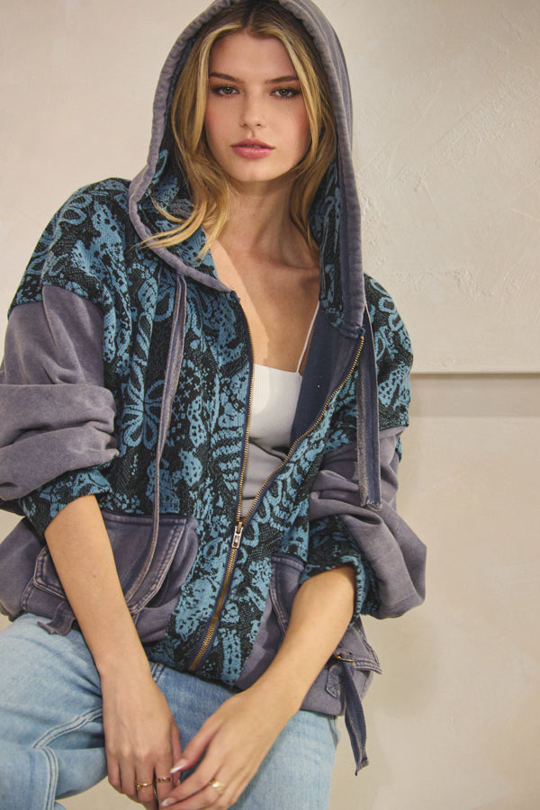 WASHED PRINTED PATTERN CONTRAST HOODED JACKET