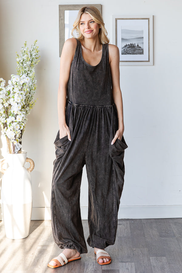 WASHED WIDE LEG DRAWSTRING DETAIL JUMPSUIT