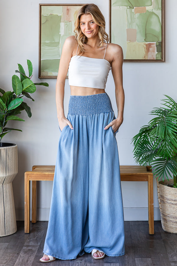 MINERAL WASHED SMOCKED WAIST WIDE LEG CASUAL PANTS