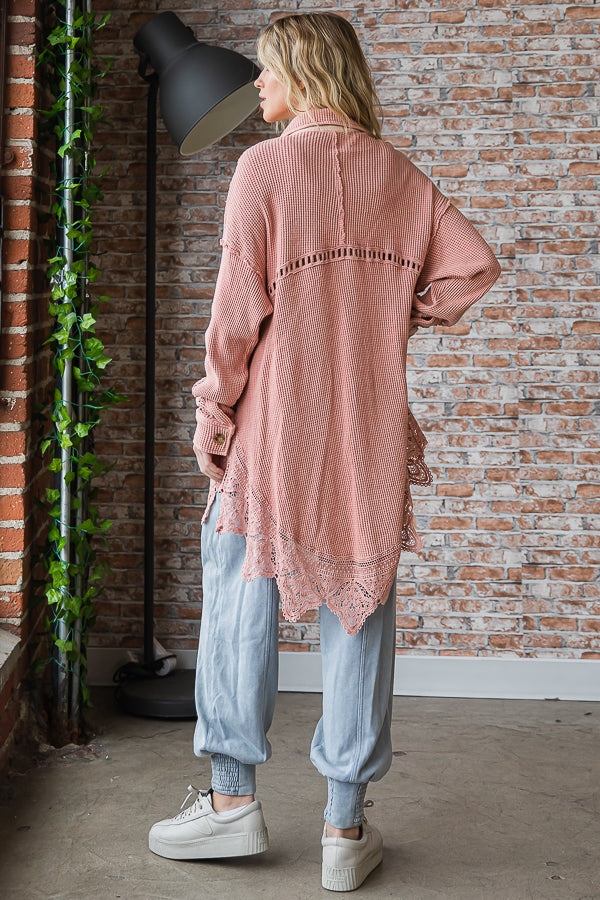 WASHED LACE HEM BUTTON FRONT SHIRT