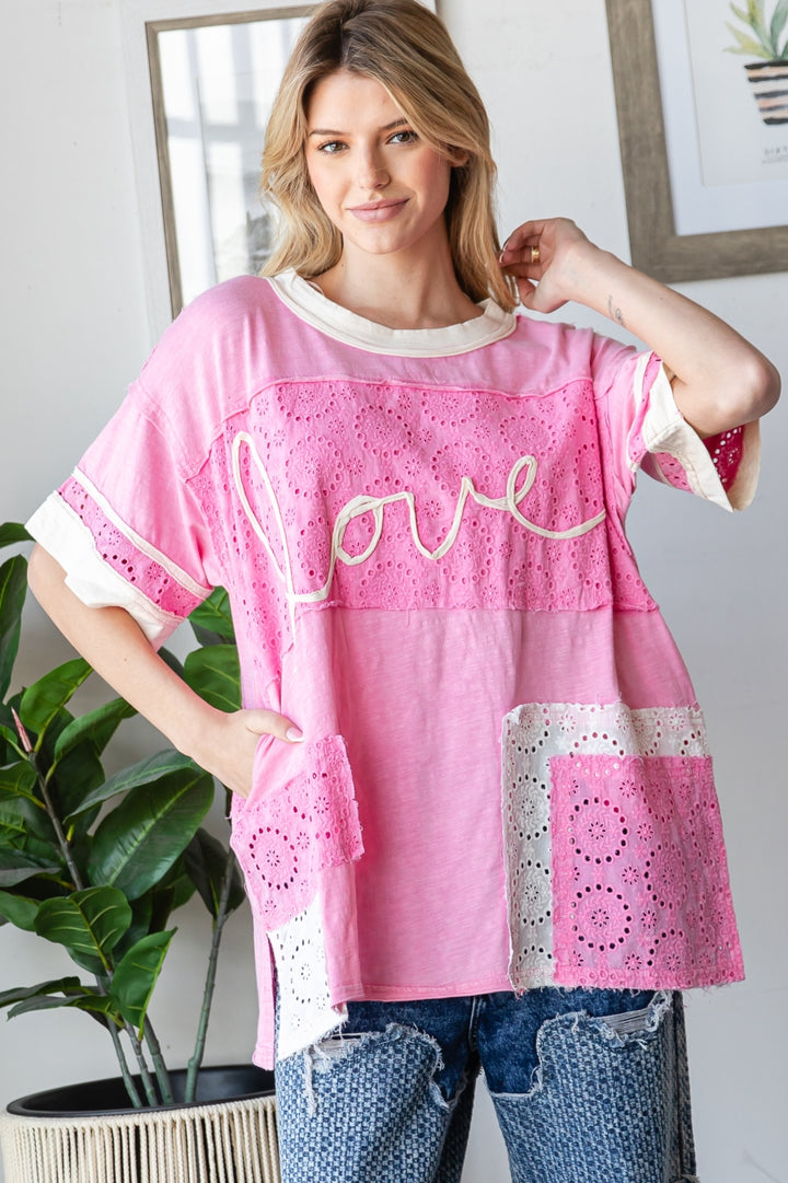 WASHED EYELET COLORBLOCK LOVE TEE SHIRT