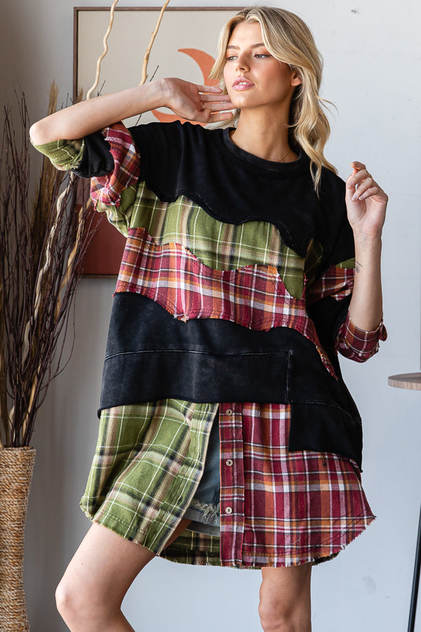 WASHED PLAID PATCHWORK TUNIC LONG SLEEVE TOP