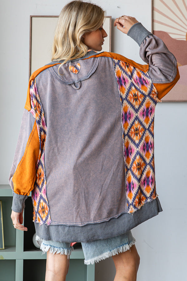 WASHED LOVE HEART PATCHWORK PULLOVER TOP