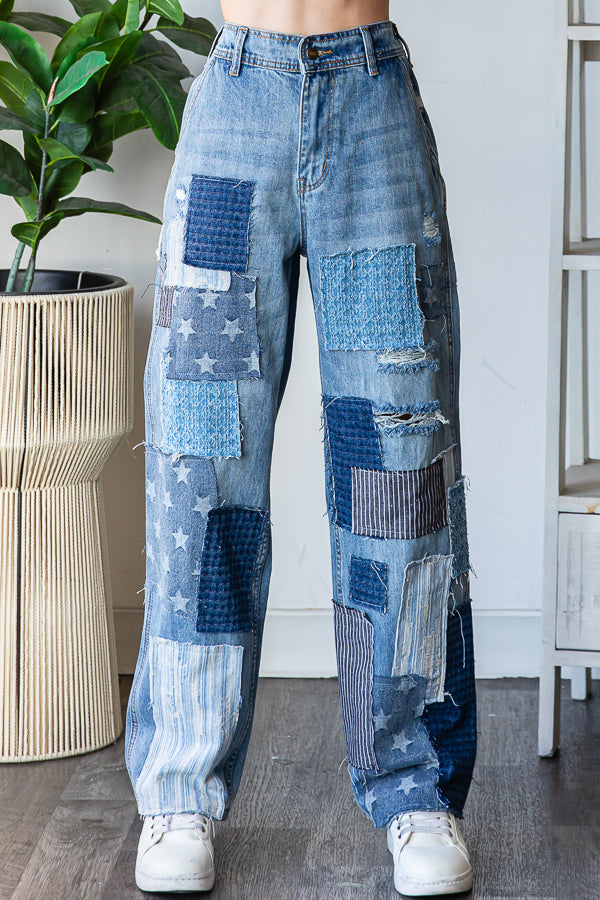 WASHED PATCHWORK DETAIL DENIM JEANS