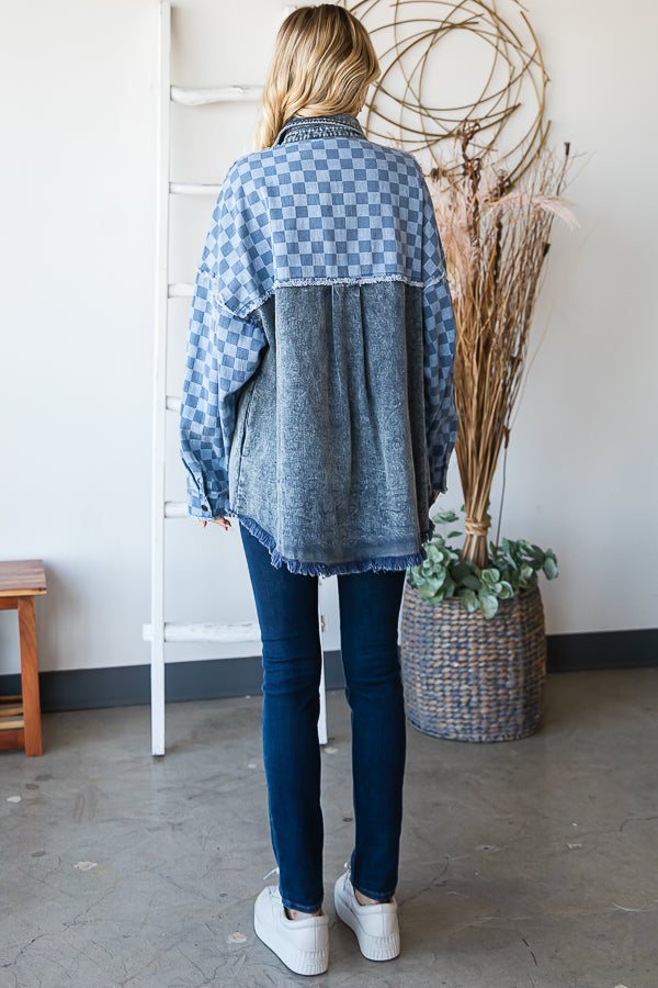 MINERAL WASHED CHECKERED SLEEVE DENIM SHACKET