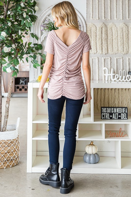 RUCHED FRONT SHORT SLEEVE KNIT TOP