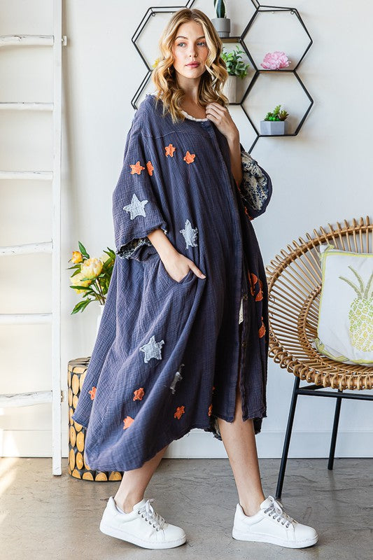 WASHED STAR PATCHWORK DETAIL BUTTON FRONT DUSTER