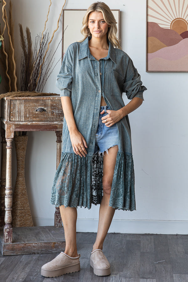 WASHED FLARE RUFFLE LACE HEM MIDI SHIRT DRESS