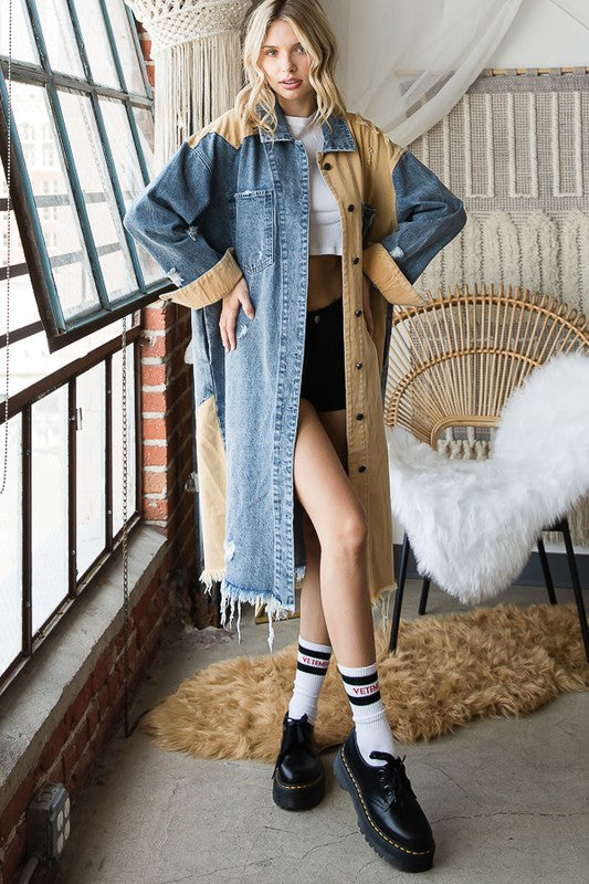 WASHED COLORBLOCK DETAIL DENIM LONG JACKET