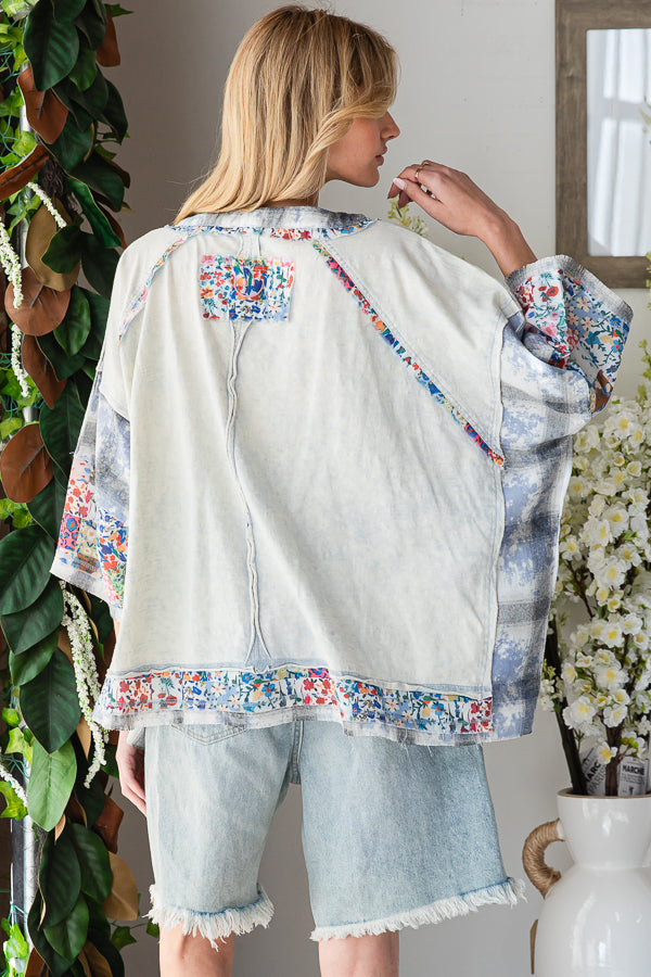 WASHED MULTI PRINT PATCHWORK OVERSIZED TOP