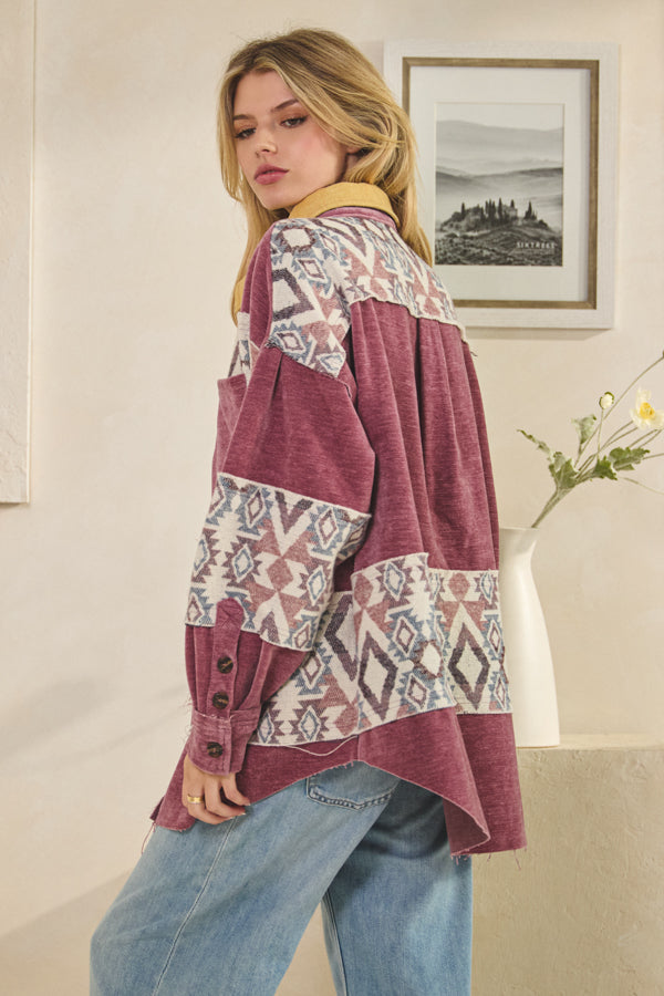 WASHED AZTEC PRINTED MIXED BUTTON DOWN SHACKET