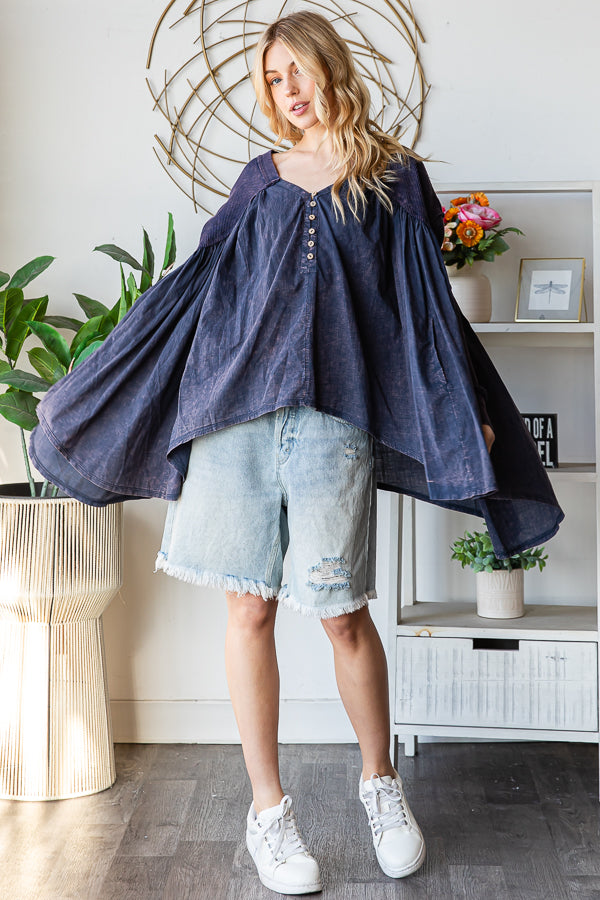 WASHED PLEATED DETAIL LONG SLEEVE FLARE TUNIC TOP