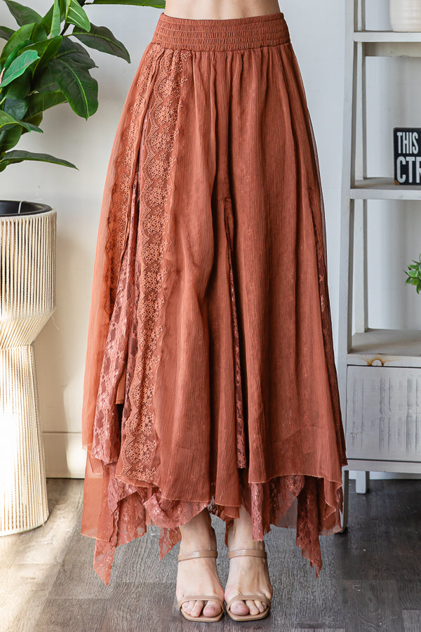 CHIFFON LACE MIXED OVERLAY A-LINE MIDI SKIRT