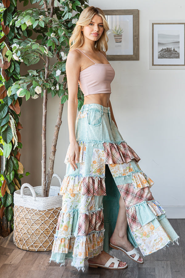 WASHED PLAID FLOWER PATCHWORK SLIT MAXI SKIRT
