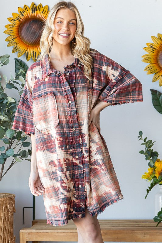 BLEACHED DETAIL WASHED SHORT SLEEVE SHIRT DRESS