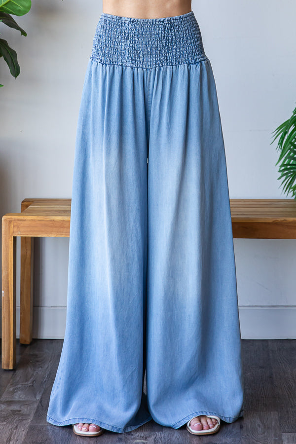MINERAL WASHED SMOCKED WAIST WIDE LEG CASUAL PANTS