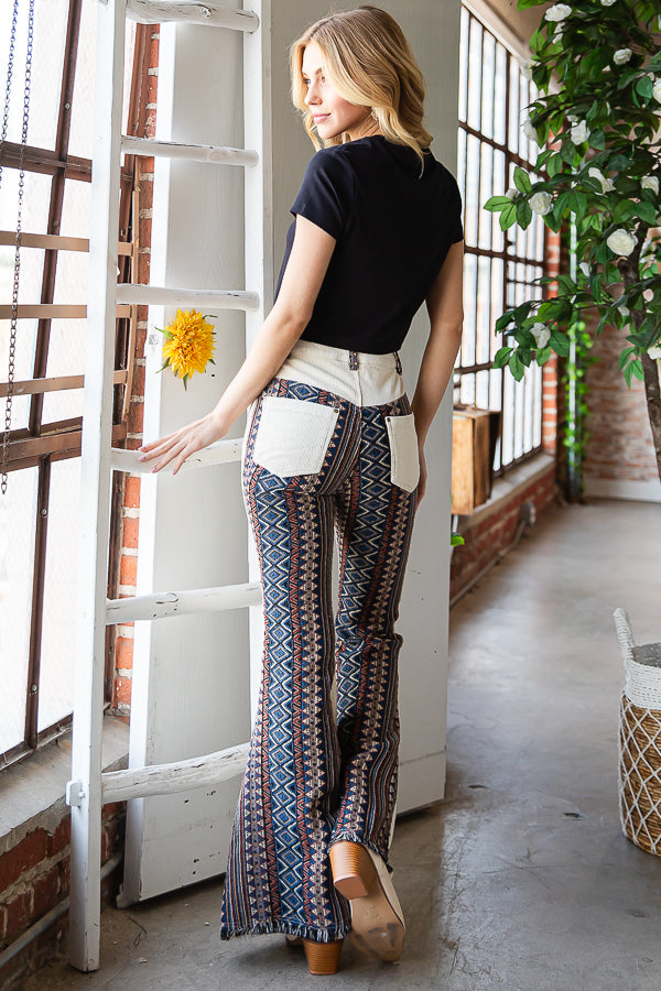 WASHED AZTEC PATTERN BELL BOTTOM CORDUROY PANTS