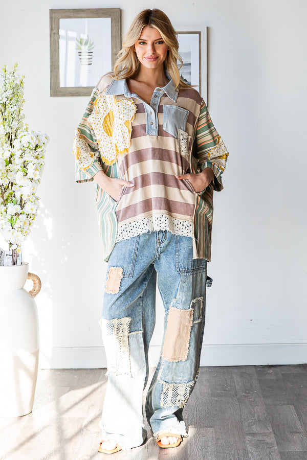 FLOWER PATCHWORK MULTICOLOR STRIPED TOP