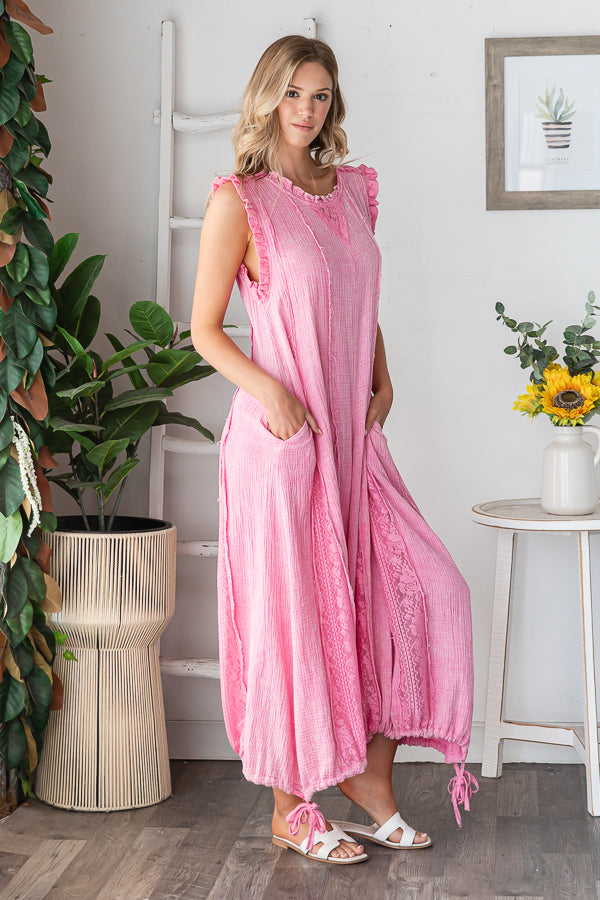 WASHED RUFFLE DETAIL COTTON GAUZE ROMPER