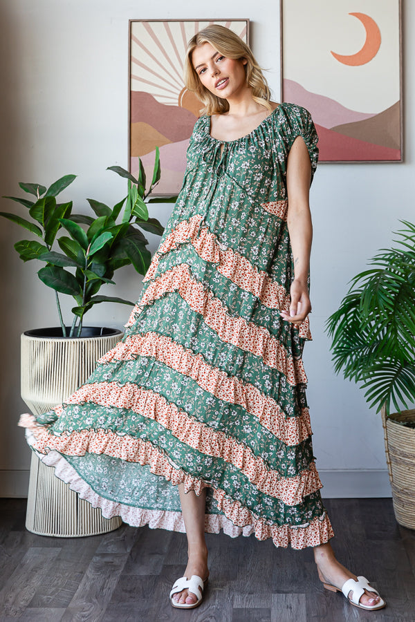 FLORAL PRINTED LAYERED RUFFLE MAXI DRESS