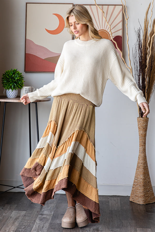 WASHED TIERED SMOCKED WAIST FLARE HEM SKIRT