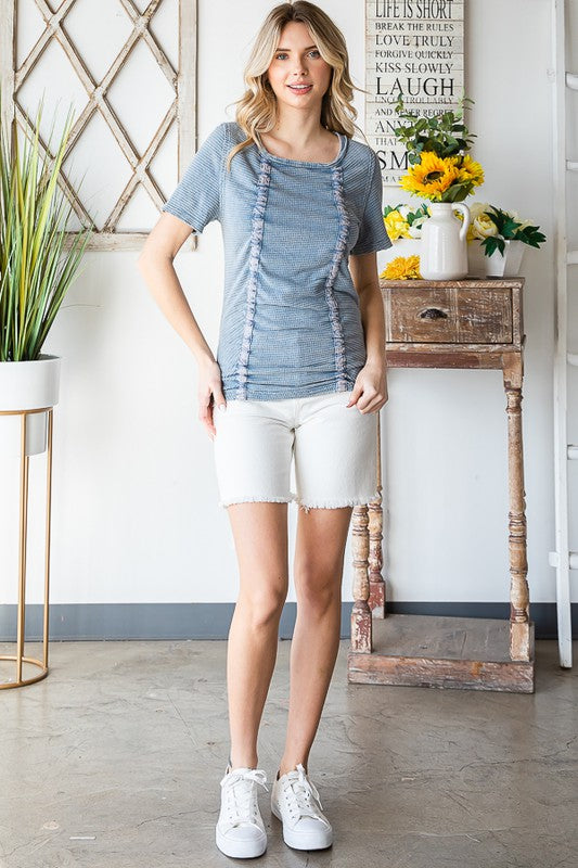 WASHED CINCHED SHORT SLEEVE KNIT TOP