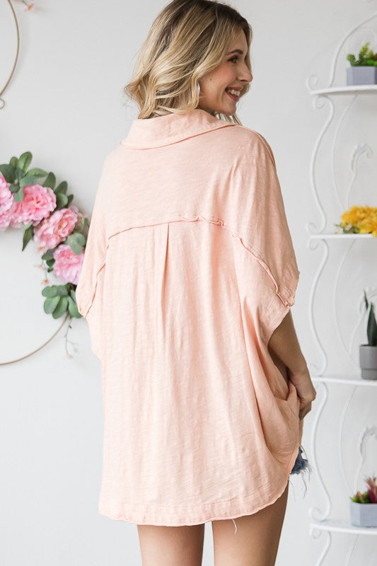 WASHED COLLARED V NECK SHORT SLEEVE OVERSIZED TOP